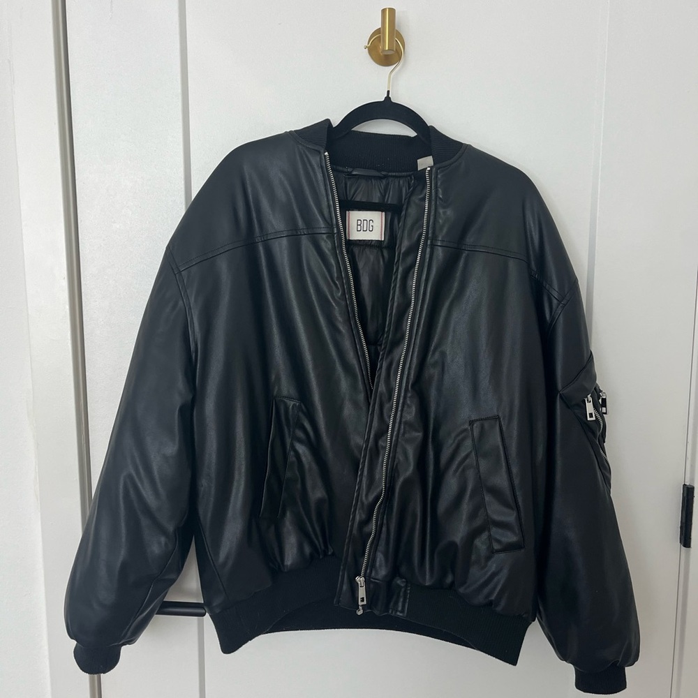 BDG Black Faux Leather Bomber Jacket with Silver Zipper